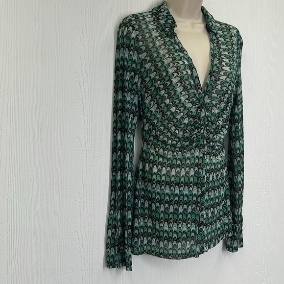 Free People - Green Fish Scale Button Down Ling Sleeve Sheer Blouse Size Small - Picture 3 of 11